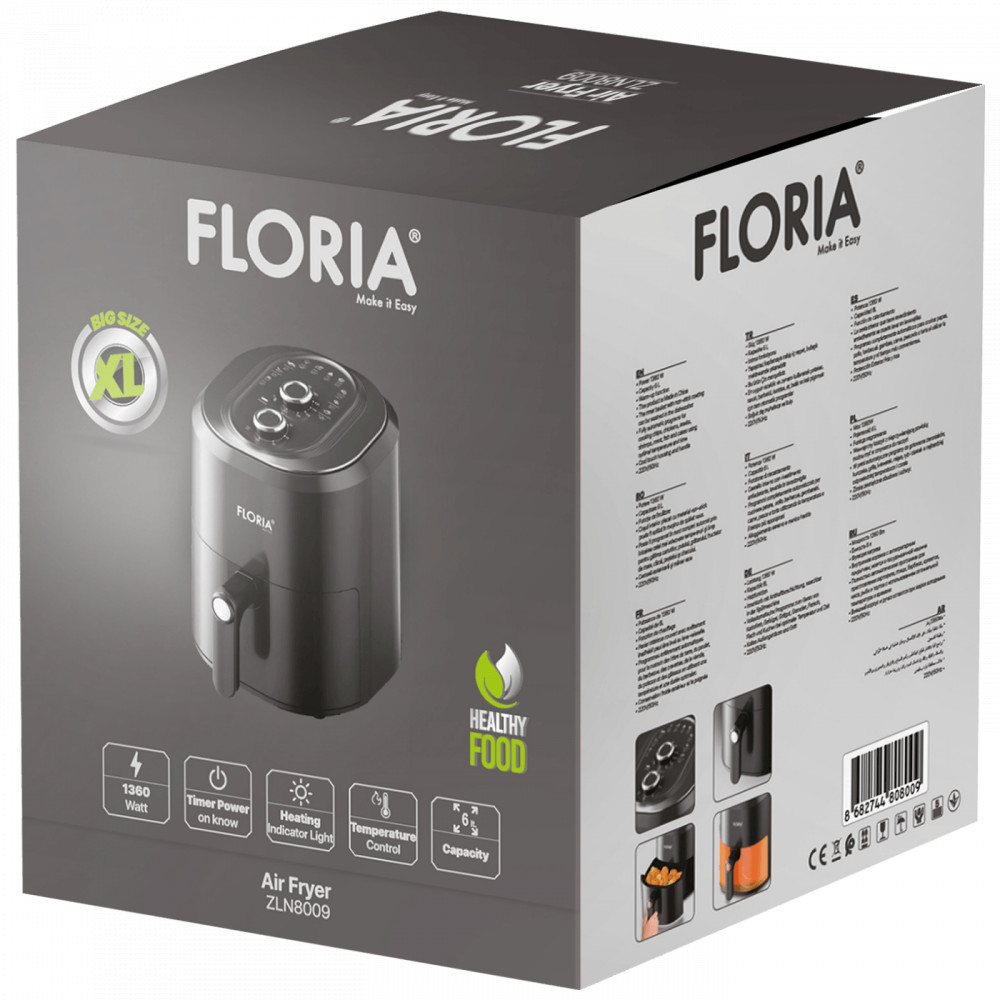 Floria ZLN8009 Forrólevegős sütő, air fryer, 1360W, 6L - fekete termék 2. képe