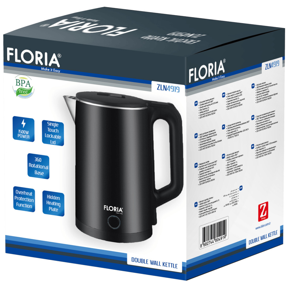 Floria ZLN4919 Vízforraló, 1500W, 2 liter, dupla falú ház termék 2. képe