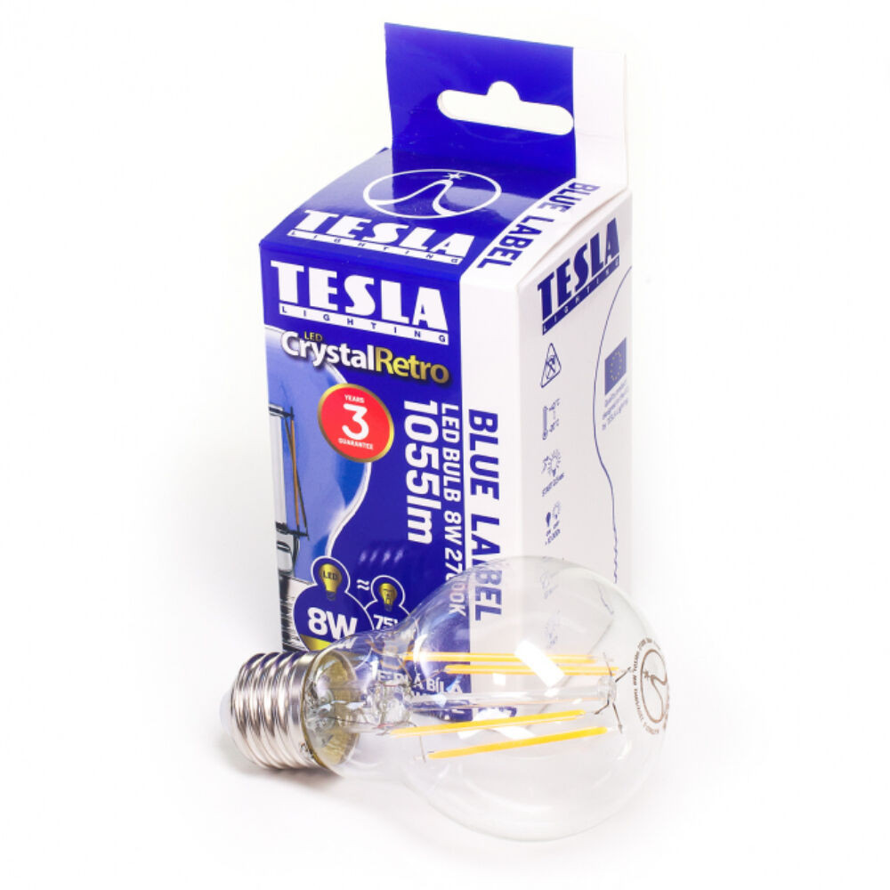 Tesla - LED FILAMENT RETRO izzó, E27, 8W, 230V, 1055lm, 2700K, 360°, clear akciós termékkép 1