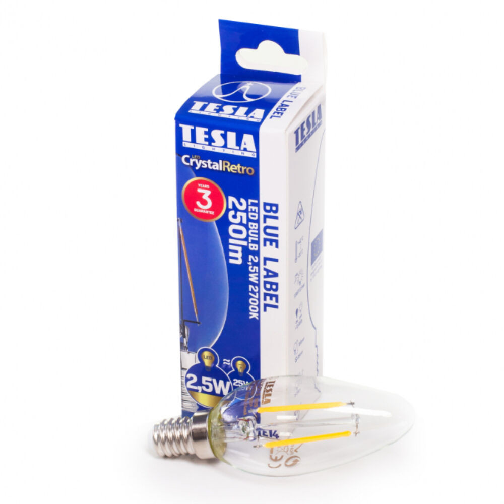 Tesla - LED FILAMENT RETRO gyertyaizzó, E14, 2,5W, 230V, 250lm, 2700K, 360°, clear akciós termékkép 1