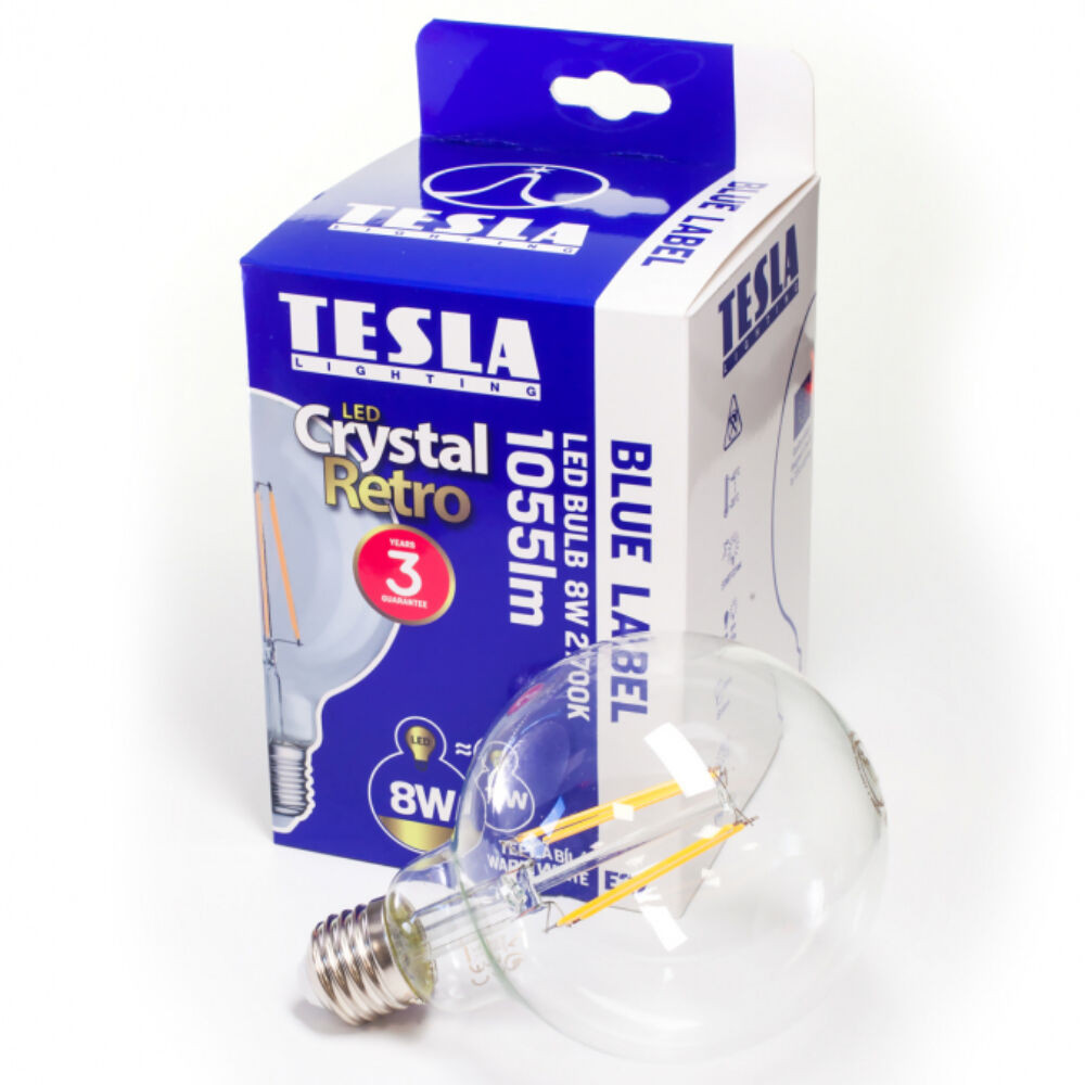 Tesla - LED GLOBE FILAMENT RETRO izzó, E27, 8W, 230V, 1055lm, 2700K, 360°, clear akciós termékkép 1