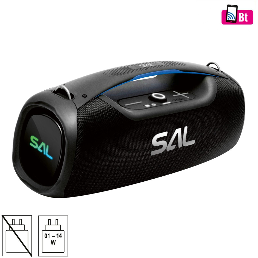 SAL BT9000 hordozható boombox, vezeték nélküli hangszóró, 100 W, IPX5, BT TWS, AUX, USB/microSD, Soft Touch gombok, ~10 h üzemidő, USB-C töltőkábel akciós termékkép 1