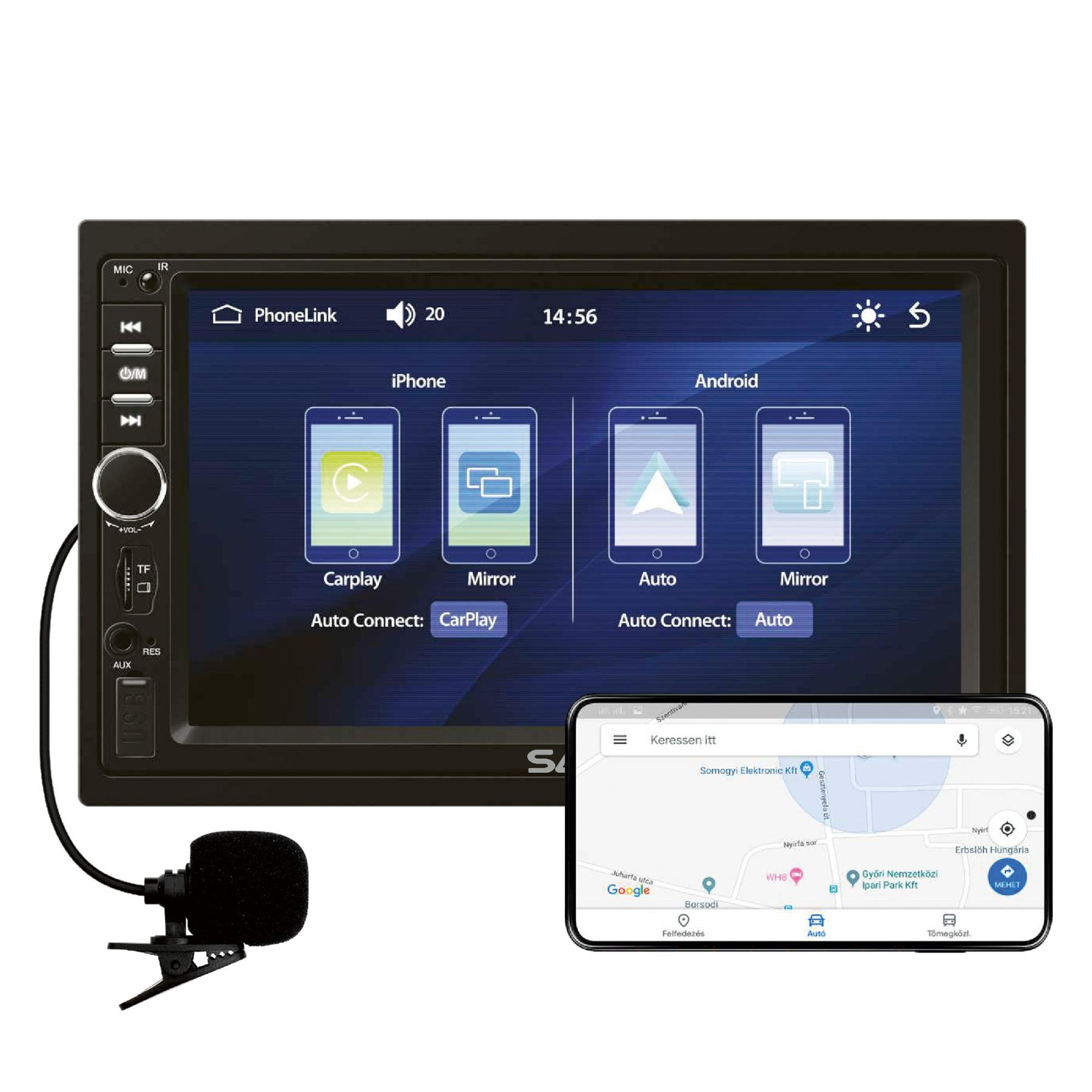 SAL VBX910 autórádió és multimédiás lejátszó, CPAA multimédia, iOS CarPlay és Android Auto, tükrözés, 18cm-es érintő-kijelző, 2xDIN, Bluetooth akciós termékkép 1
